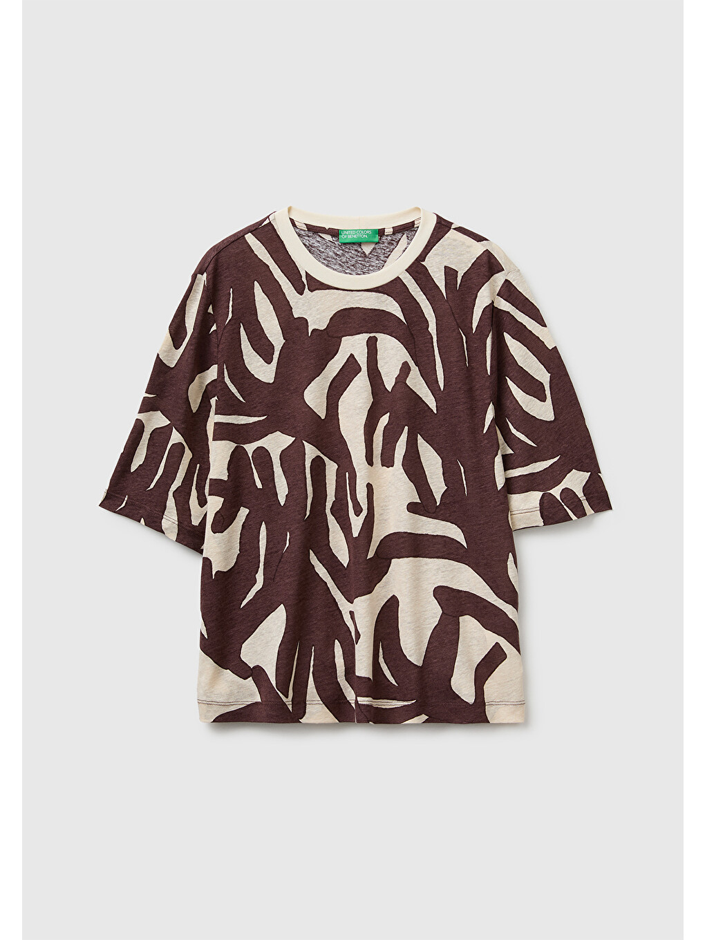 Kadın Kahverengi Keten Viskoz Karışımlı Baskılı Bisiklet Yaka T-Shirt