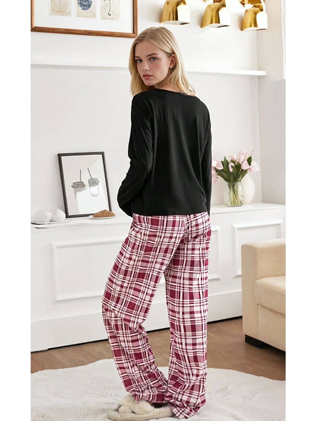 Siyah Ekose Desen Ayıcık Baskılı Uzun Kol Pijama Takımı-2