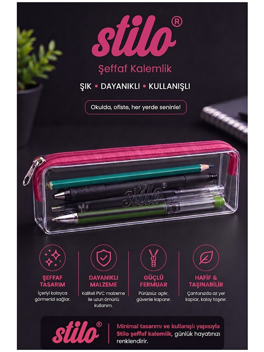 Şeffaf Kalemlik 1 Adet Stilo 1129 Tek Bölmeli Fermuarlı Plastik Çocuk Okul Kalem Makyaj Kutusu Neon