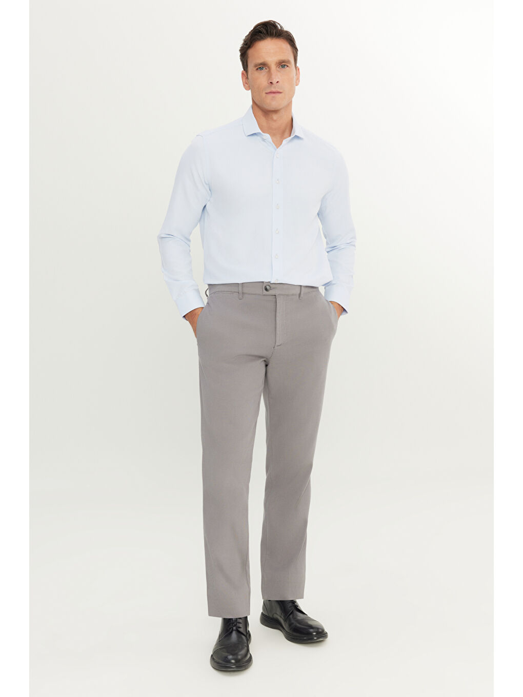 Erkek Gri Pamuklu Comfort Fit Yan Cepli Armürlü Casual Esnek Pantolon-1