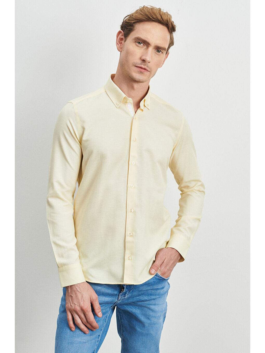 Erkek Sarı Slim Fit Dar Kesim Düğmeli Yaka Uzun Kollu Oxford Gömlek