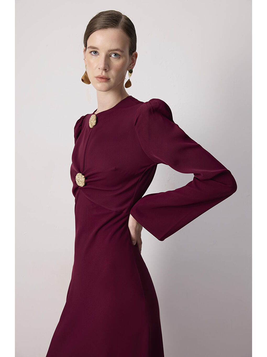 Bordo Düğme Detaylı Elbise-2