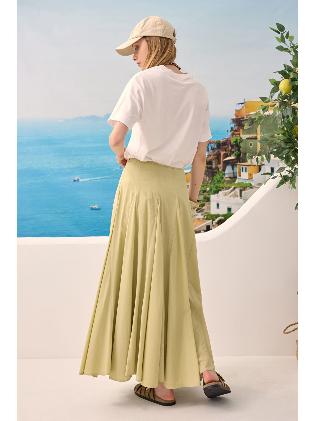 Yeşil Bele Oturan Volanlı Etek Açık Adaçayı-1