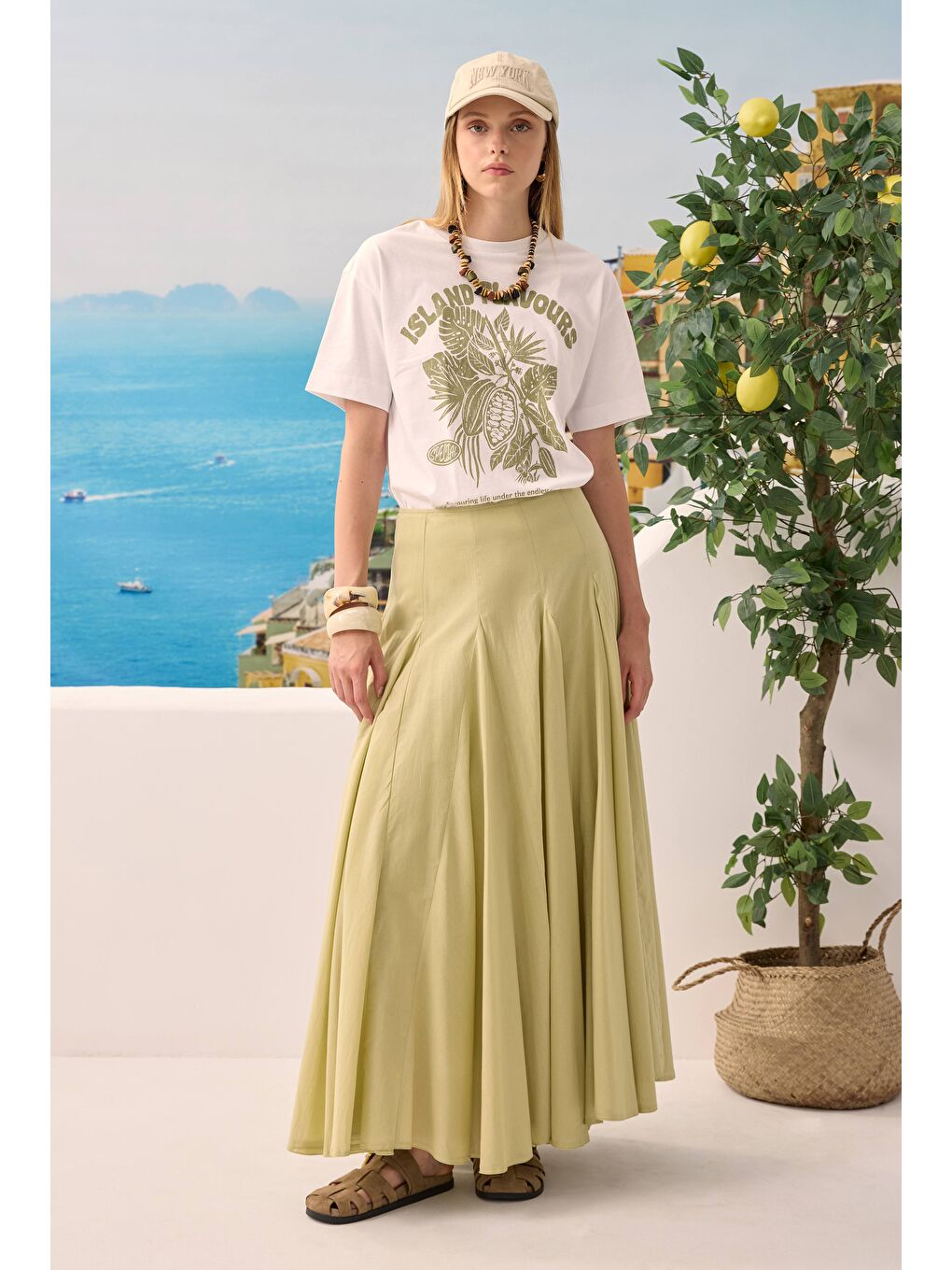 Yeşil Bele Oturan Volanlı Etek Açık Adaçayı-2