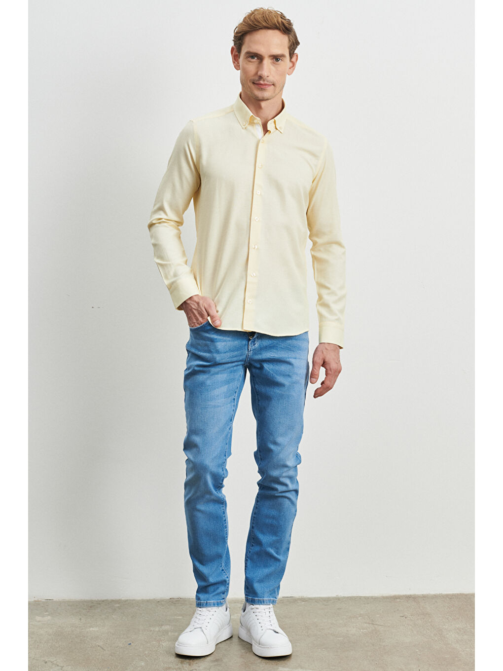 Erkek Sarı Slim Fit Dar Kesim Düğmeli Yaka Uzun Kollu Oxford Gömlek-1