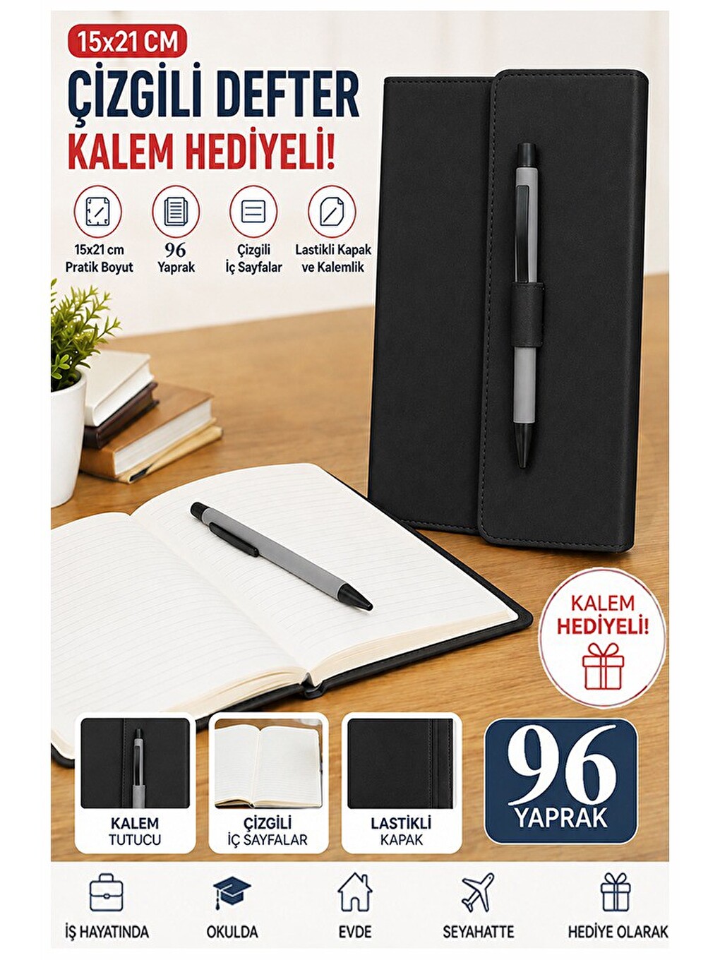 Kaliteli Kapaklı Lastikli Not Defteri A5 15x20cm 1 Adet Lizz Sf3kl Sert Kapak Ciltli 96 Yaprak Çizgi