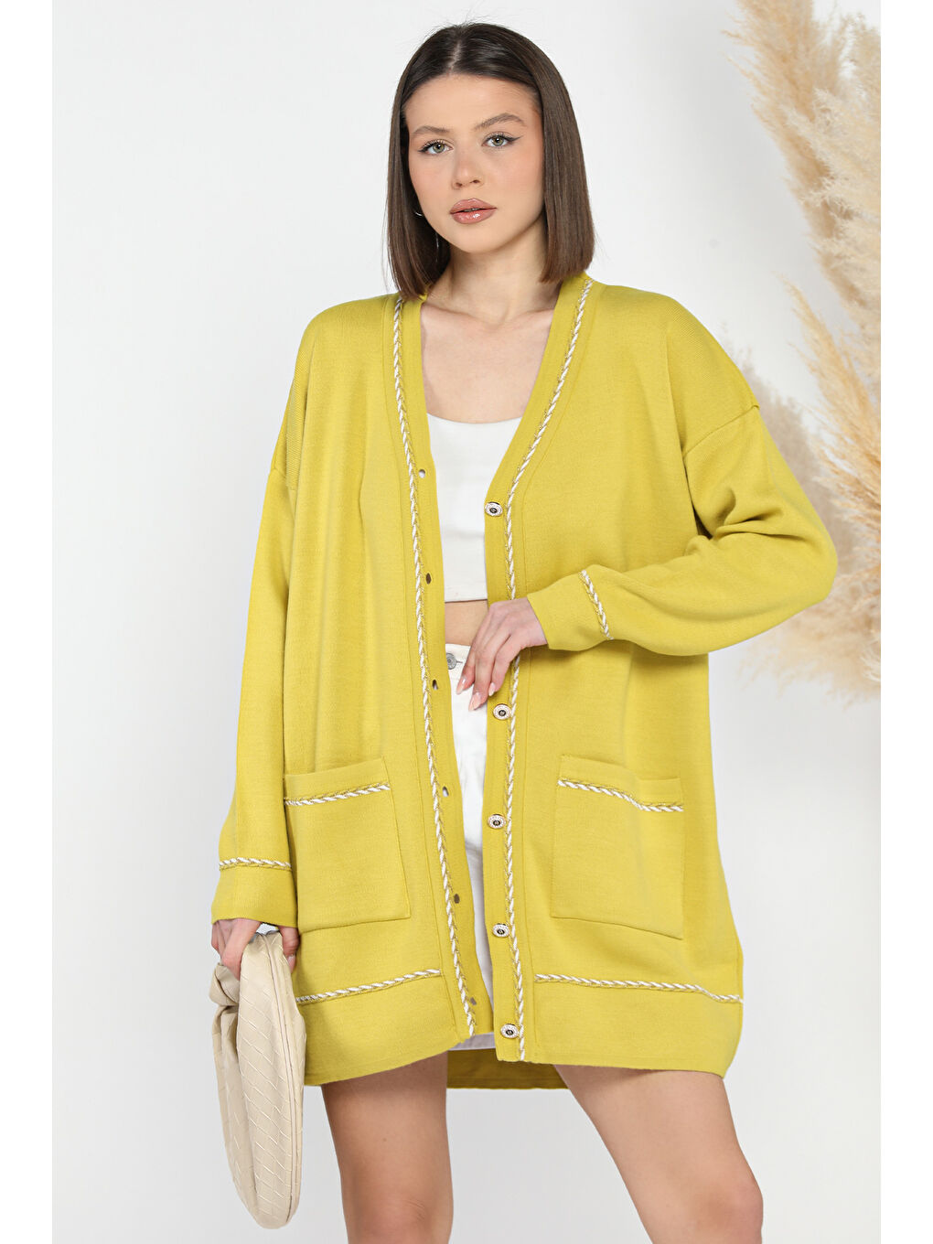 Yeşil Kadın Çift Cepli Şeritli Ön Düğmeli Triko Hırka