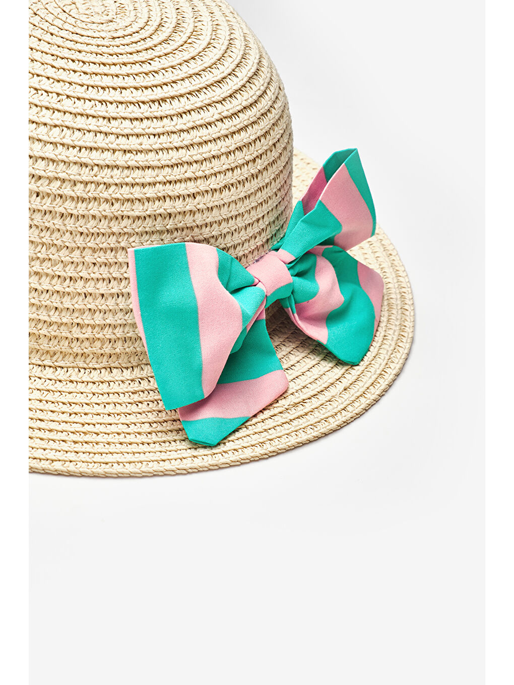 Yeşil Mint Çizgili Fiyonklu Çocuk Hasır Şapka-1