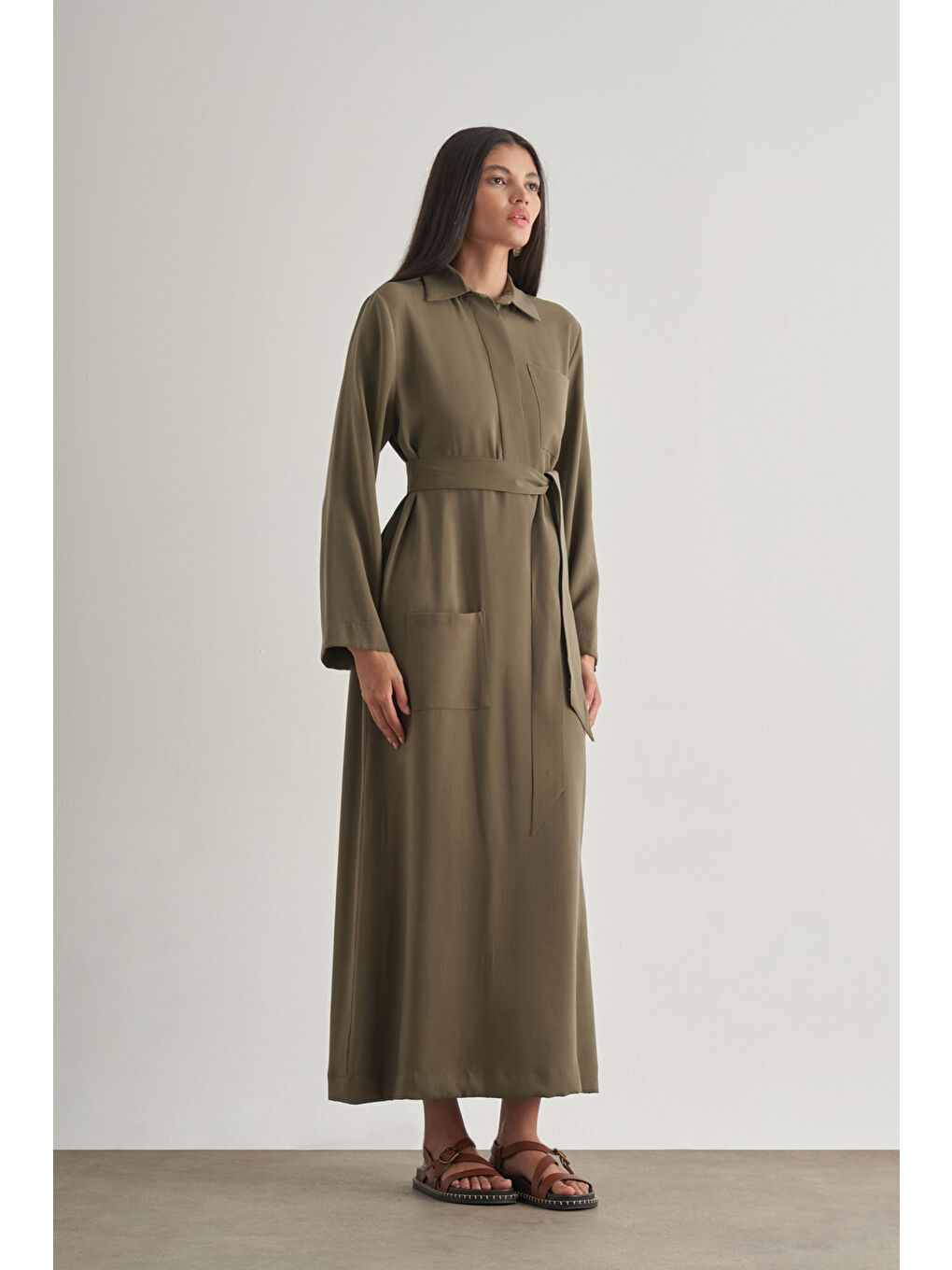 Modal Karışımlı Kuşaklı Haki Uzun Gömlek Elbise-2