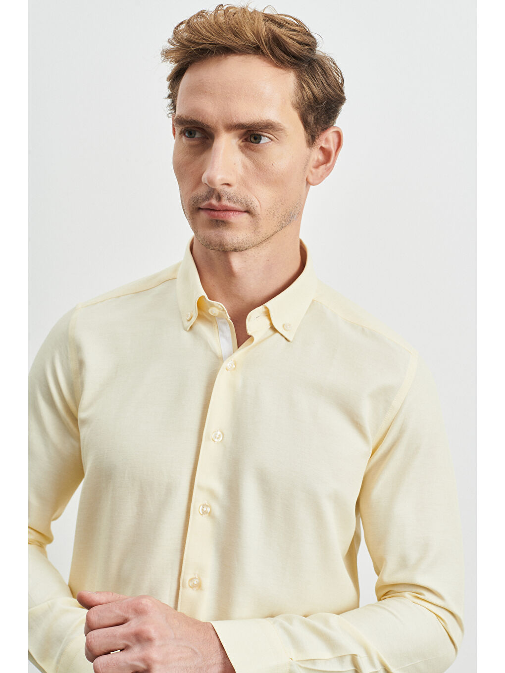 Erkek Sarı Slim Fit Dar Kesim Düğmeli Yaka Uzun Kollu Oxford Gömlek-2