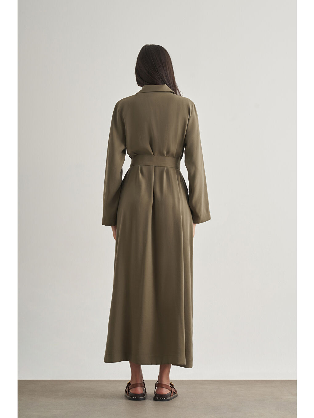 Modal Karışımlı Kuşaklı Haki Uzun Gömlek Elbise-3