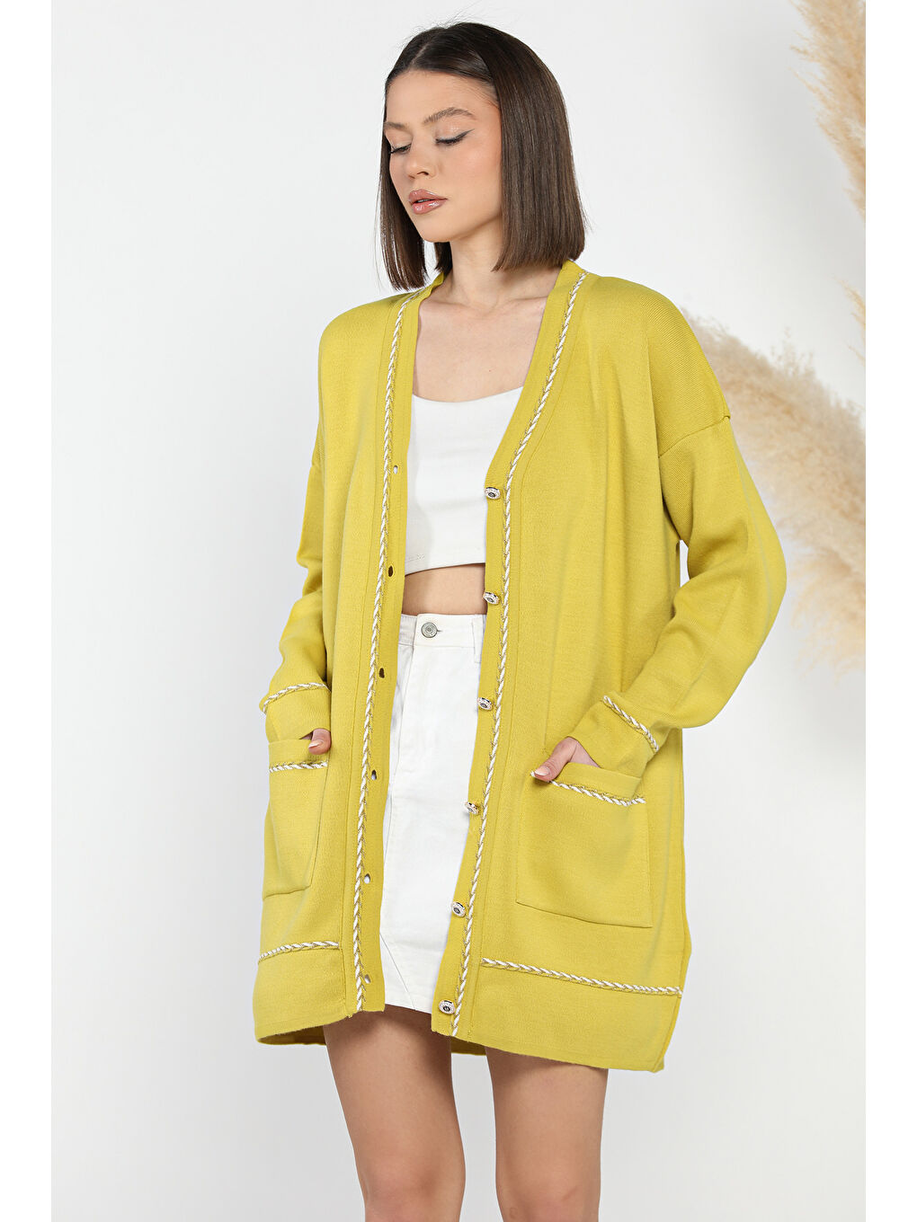 Yeşil Kadın Çift Cepli Şeritli Ön Düğmeli Triko Hırka-1