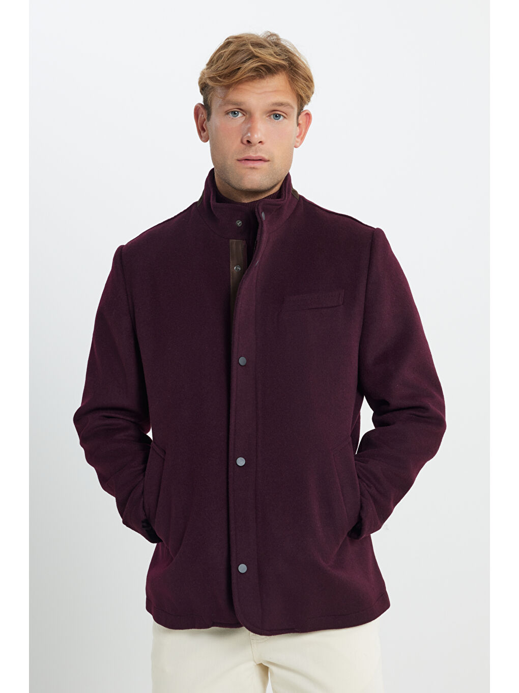 Erkek Bordo Yünlü Standart Fit Normal Kesim Dik Yaka Yan Cepli Mont-3