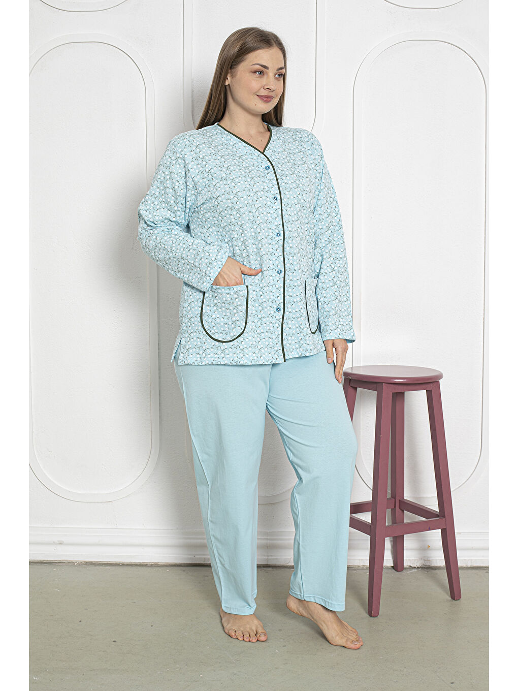 Yeşil %100 Pamuklu Uzun Kollu Boydan Düğmeli Büyük Beden Kadın Pijama Takımı 206-1