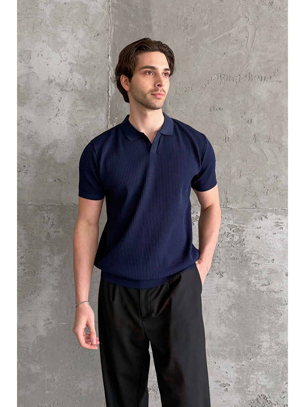 Lacivert Erkek Petek Desen Polo Yaka Triko T-shirt-1