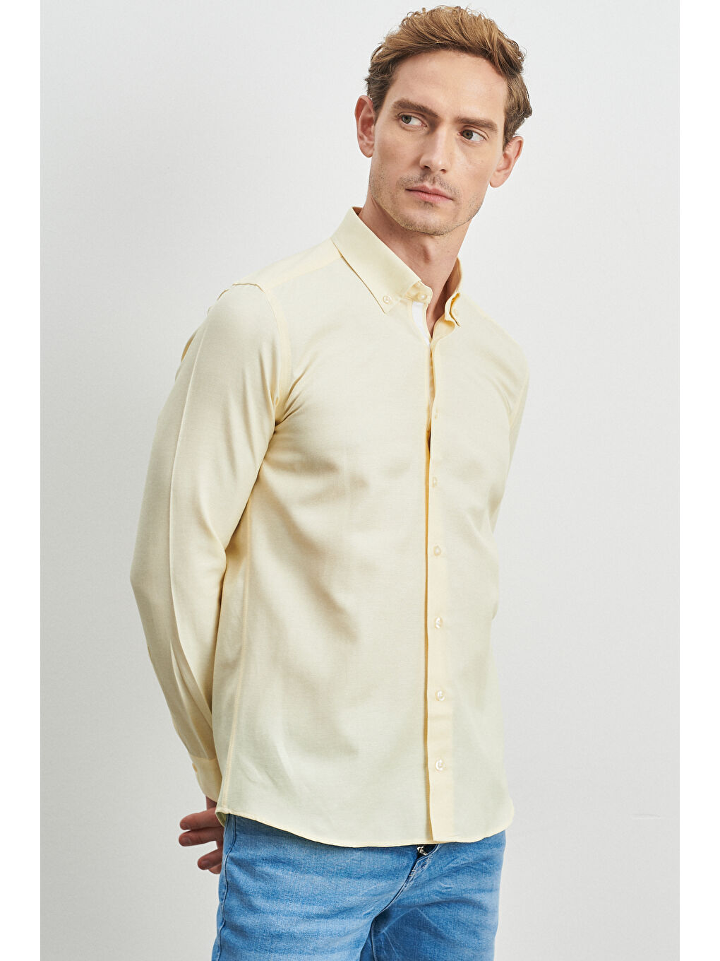 Erkek Sarı Slim Fit Dar Kesim Düğmeli Yaka Uzun Kollu Oxford Gömlek-3