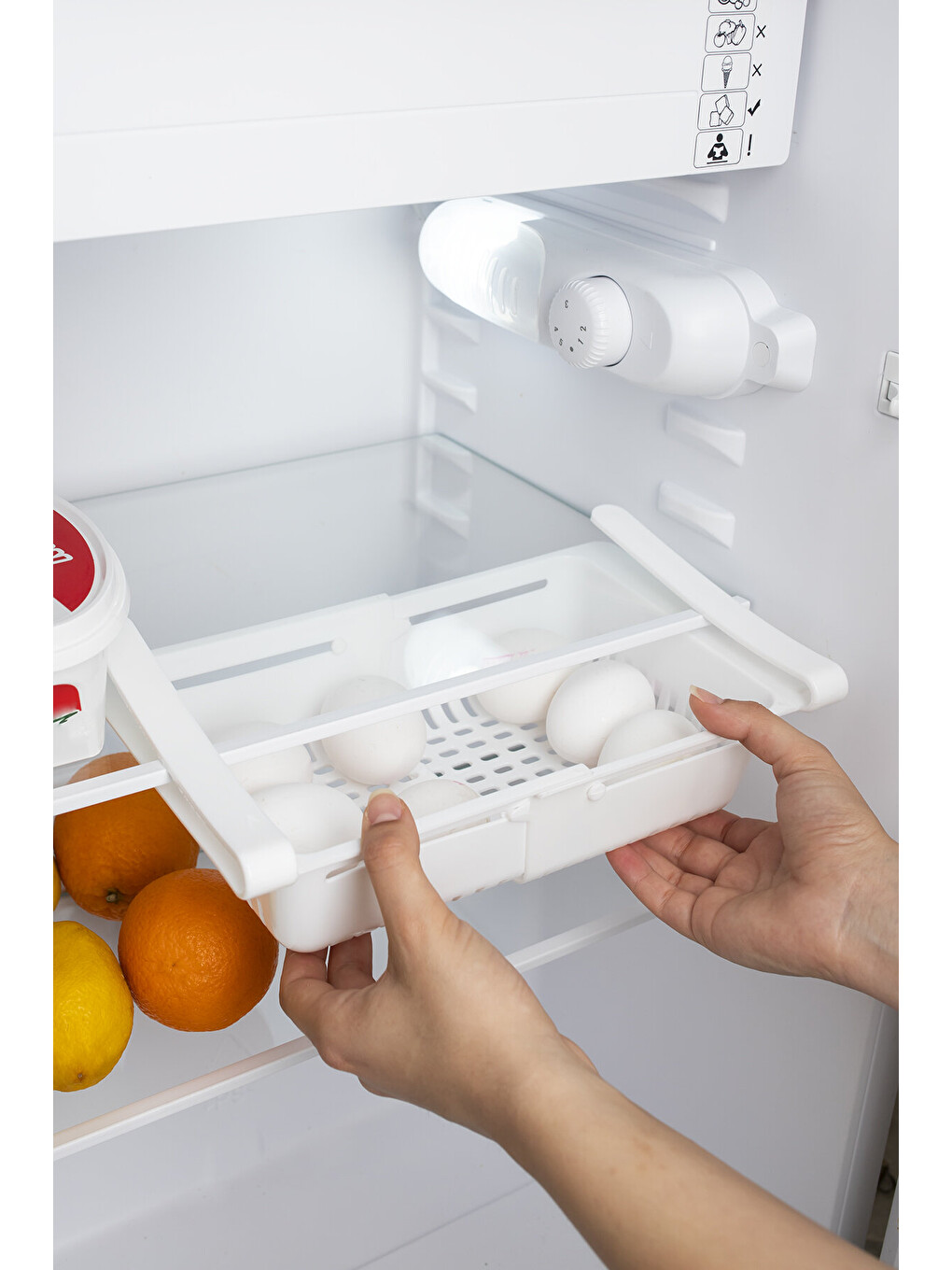 Org-10 Buzdolabı İçi Organizer Askılı Akordion Süzgeçli Ayarlanabilir Raf - Beyaz-2