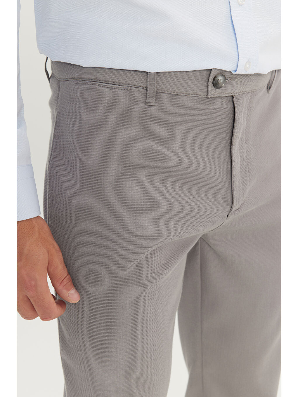 Erkek Gri Pamuklu Comfort Fit Yan Cepli Armürlü Casual Esnek Pantolon-2