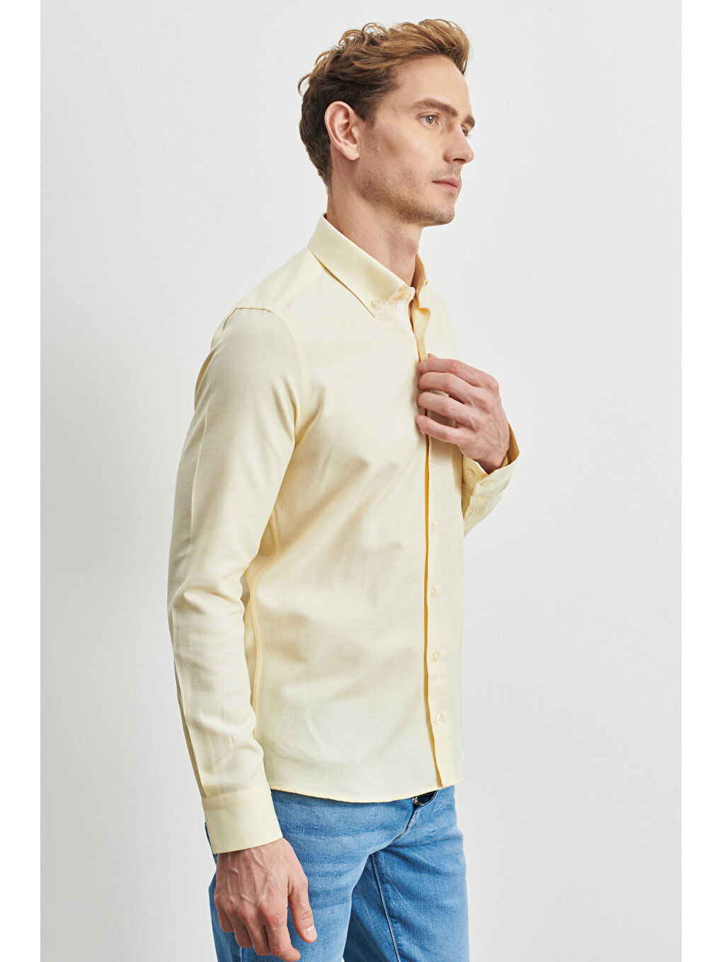Erkek Sarı Slim Fit Dar Kesim Düğmeli Yaka Uzun Kollu Oxford Gömlek-4