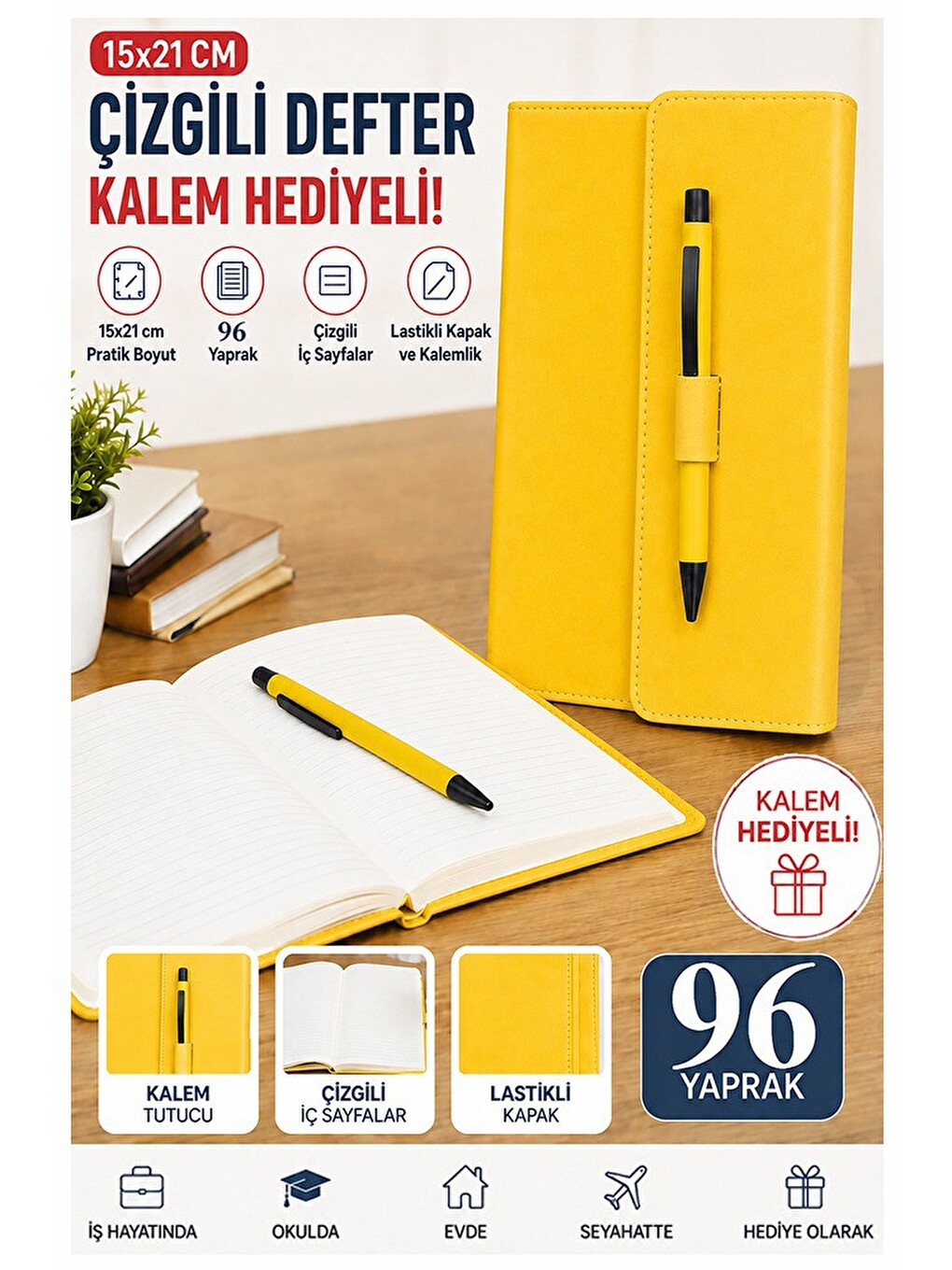 Kaliteli Kapaklı Lastikli Not Defteri A5 15x20cm 1 Adet Lizz Sf3kl Sert Kapak Ciltli 96 Yaprak Çizgi
