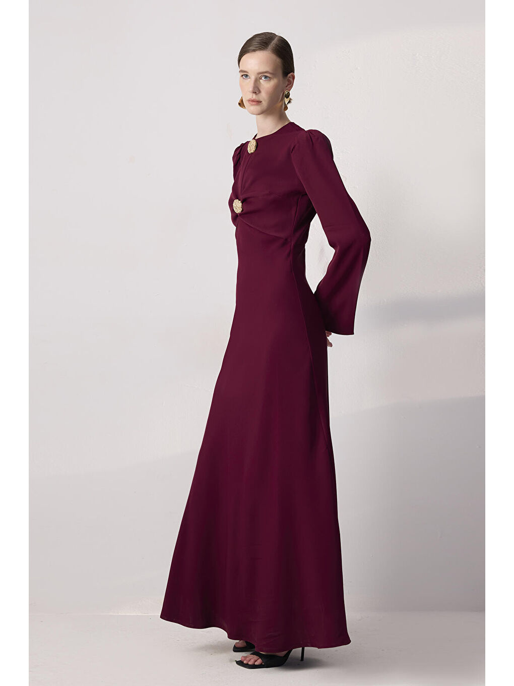 Bordo Düğme Detaylı Elbise-3