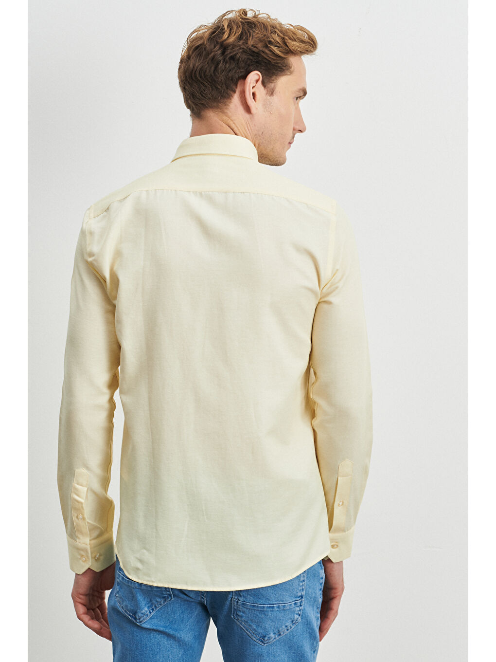 Erkek Sarı Slim Fit Dar Kesim Düğmeli Yaka Uzun Kollu Oxford Gömlek-5