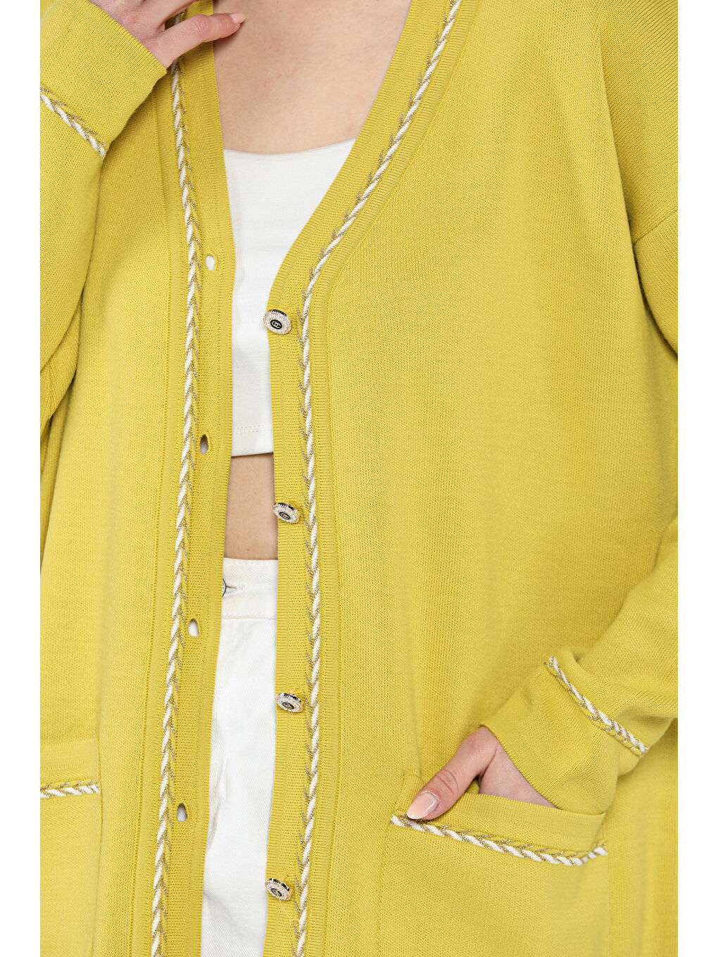 Yeşil Kadın Çift Cepli Şeritli Ön Düğmeli Triko Hırka-3