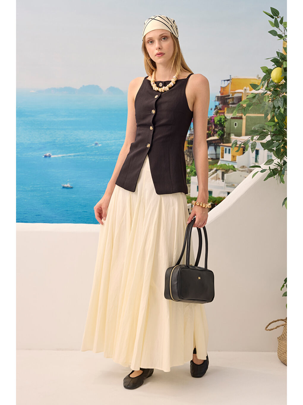 Bej Bele Oturan Volanlı Etek Vanilya-4