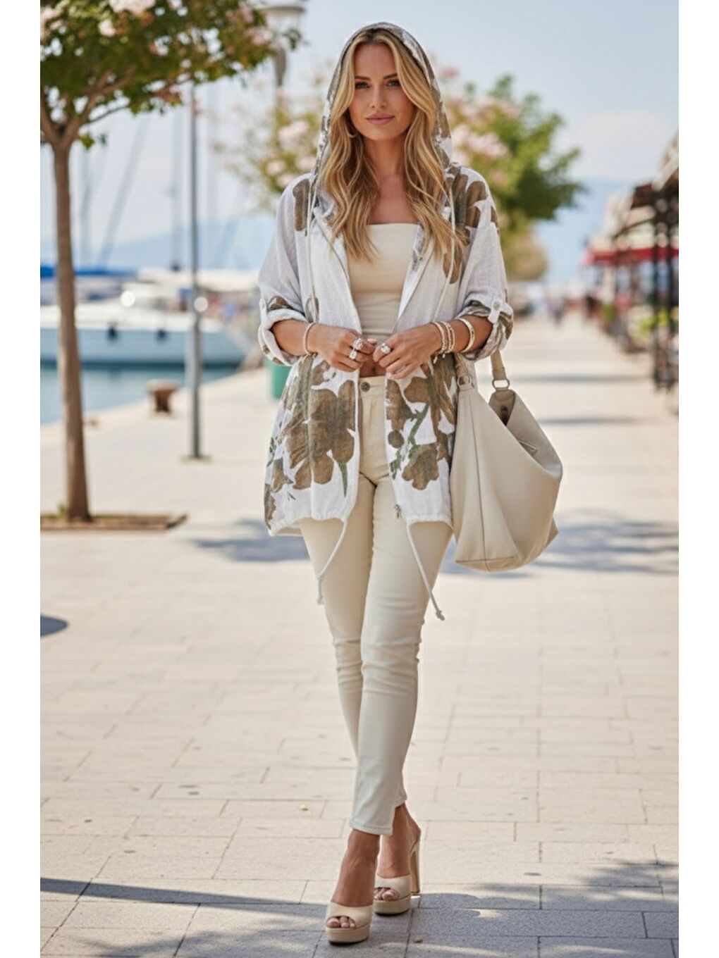 İtalyan Beyaz Düğmeli Uzun Kollu Cepli Kapüşonlu Fermuarlı Baskılı Regular Boy Dokuma Ceket 68 65-4