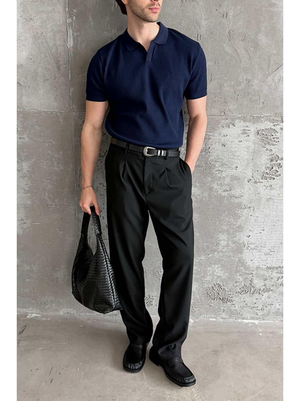 Lacivert Erkek Petek Desen Polo Yaka Triko T-shirt-2