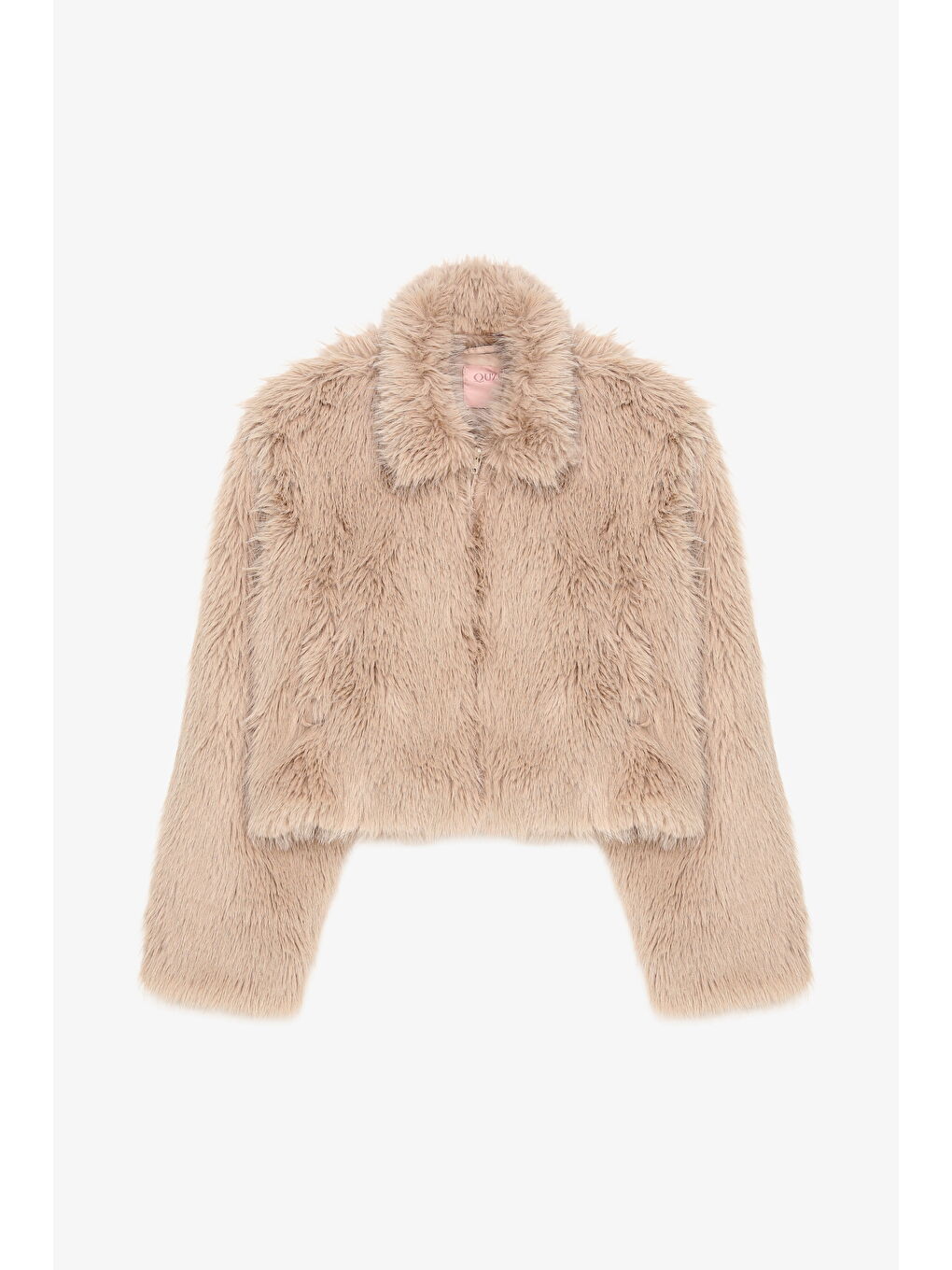 Fermuarlı Kısa Kürk Ceket Bej