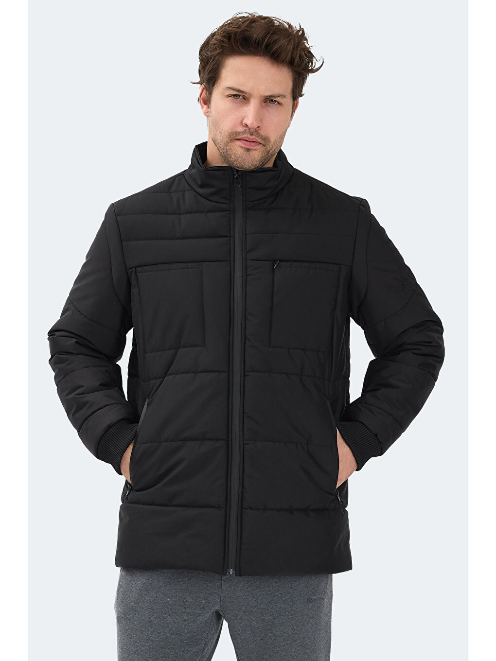 BALDWING Erkek Dik Yaka Fermuarlı Siyah Mont & Kaban-4