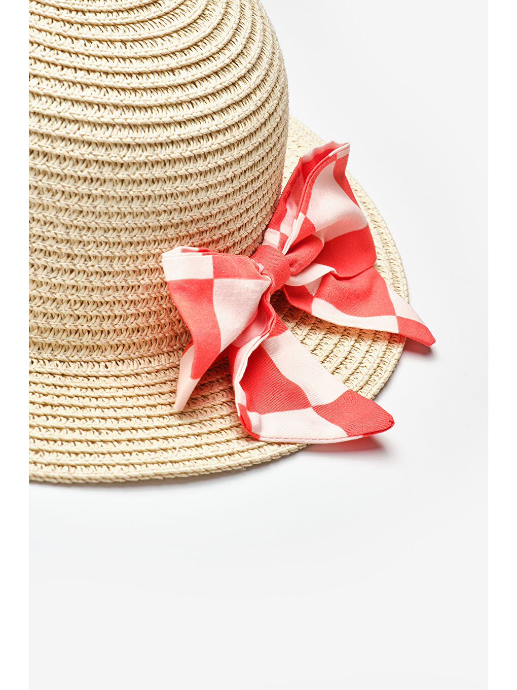 Kırmızı Dama Fiyonklu Çocuk Hasır Şapka-1