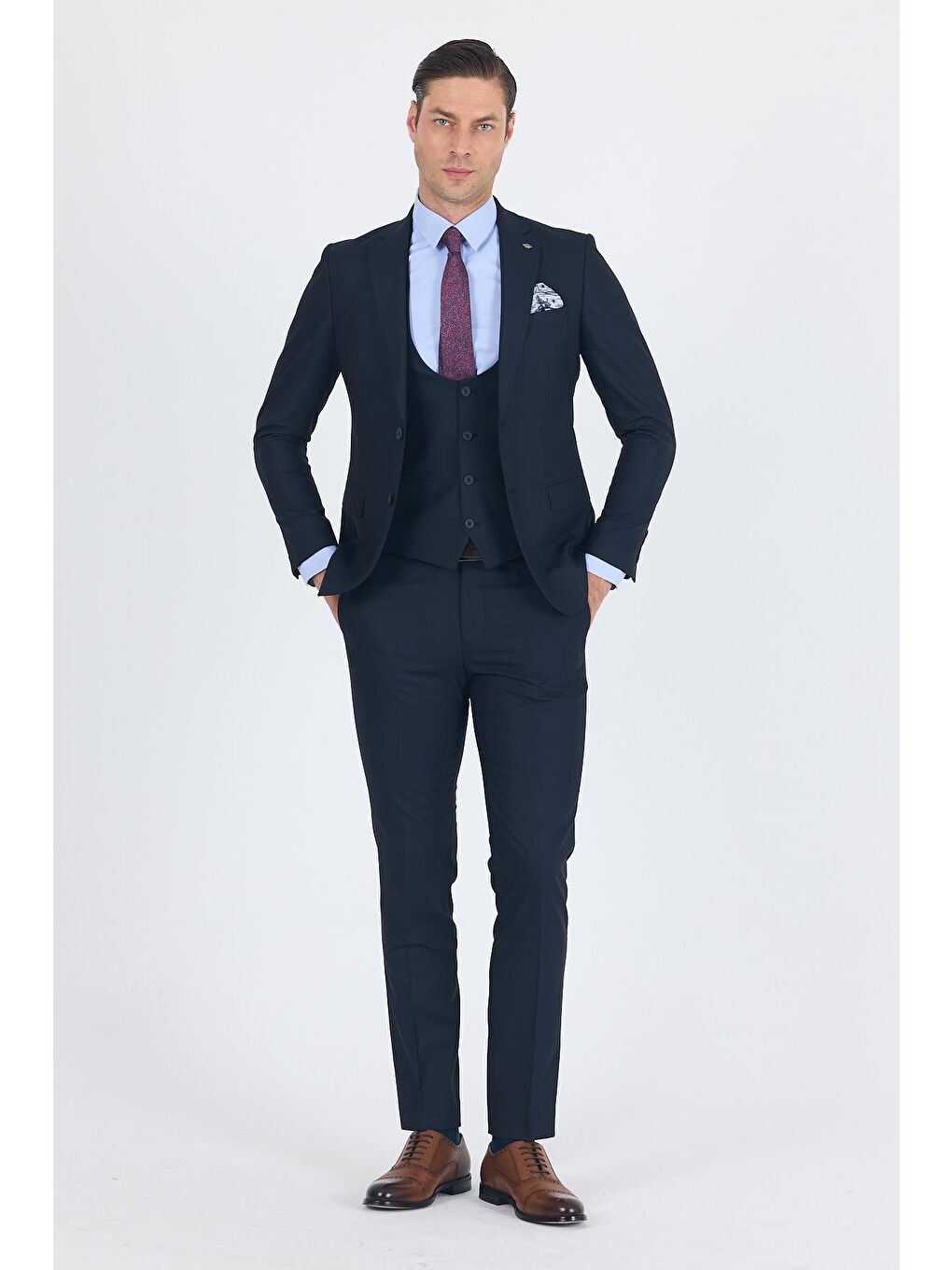 Lacivert Düz Bez Ayağı Mono Yaka 2 Düğme 6 Drop Slim Fit Basic Takım Elbise 1001250186_206