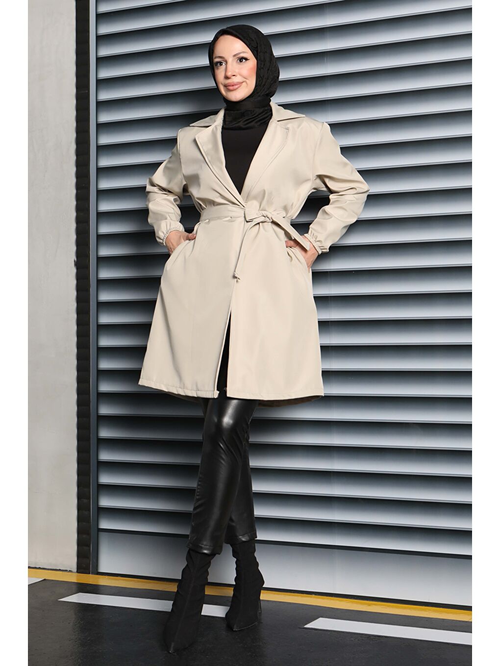 Ekru Kuşaklı Kolu Lastikli Miranda Trençkot Krem - 27799-KREM-3