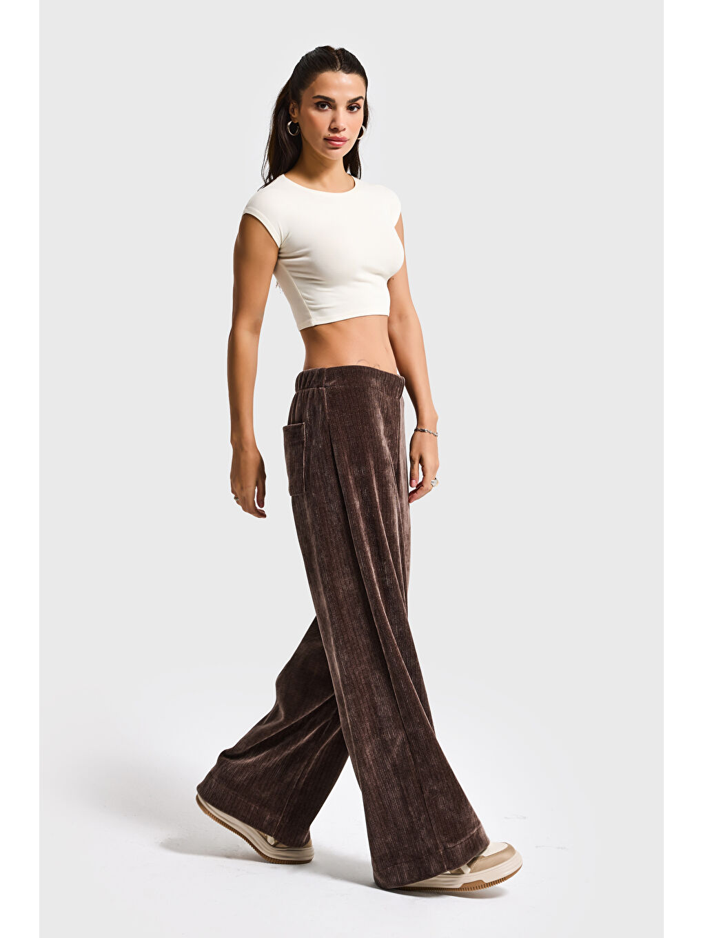 Kadın Kahverengi w5-16 Palazzo Fit Velvet Kadife Kumaş Pantolon-1