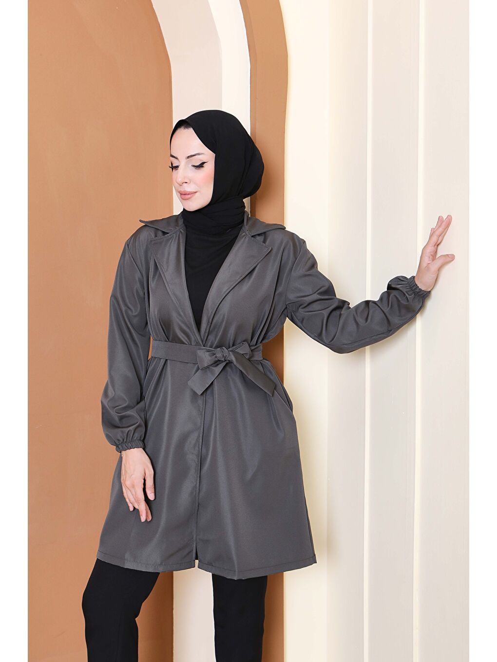 Kuşaklı Kolu Lastikli Miranda Trençkot Haki - 27799-HAKI-2