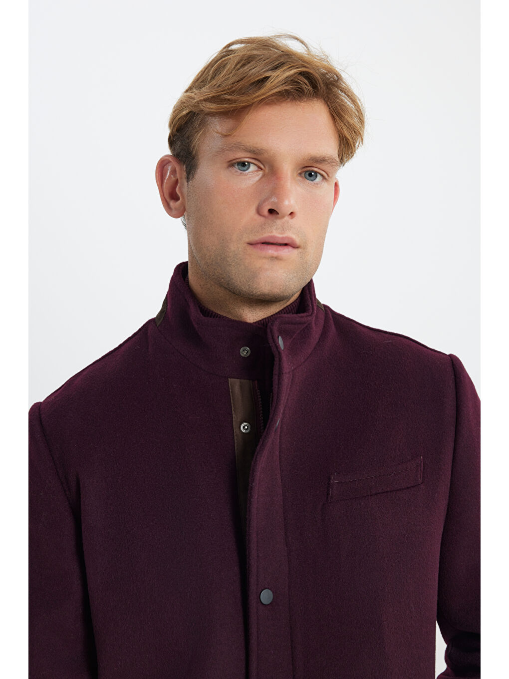 Erkek Bordo Yünlü Standart Fit Normal Kesim Dik Yaka Yan Cepli Mont-4