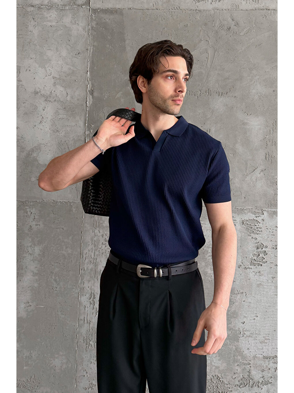 Lacivert Erkek Petek Desen Polo Yaka Triko T-shirt-3