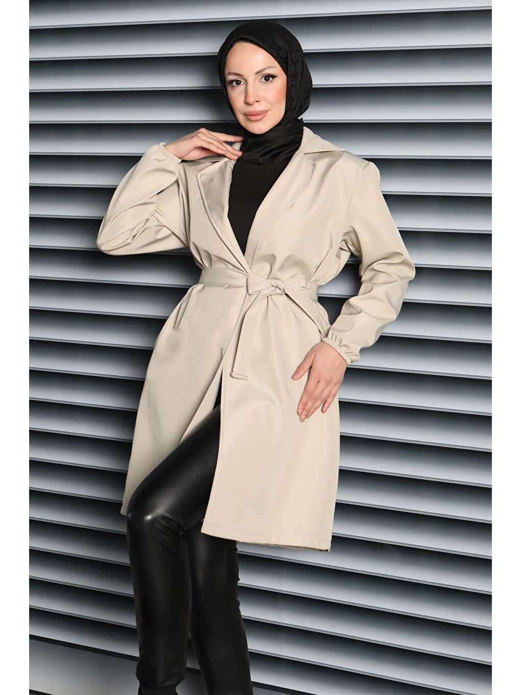 Ekru Kuşaklı Kolu Lastikli Miranda Trençkot Krem - 27799-KREM-4