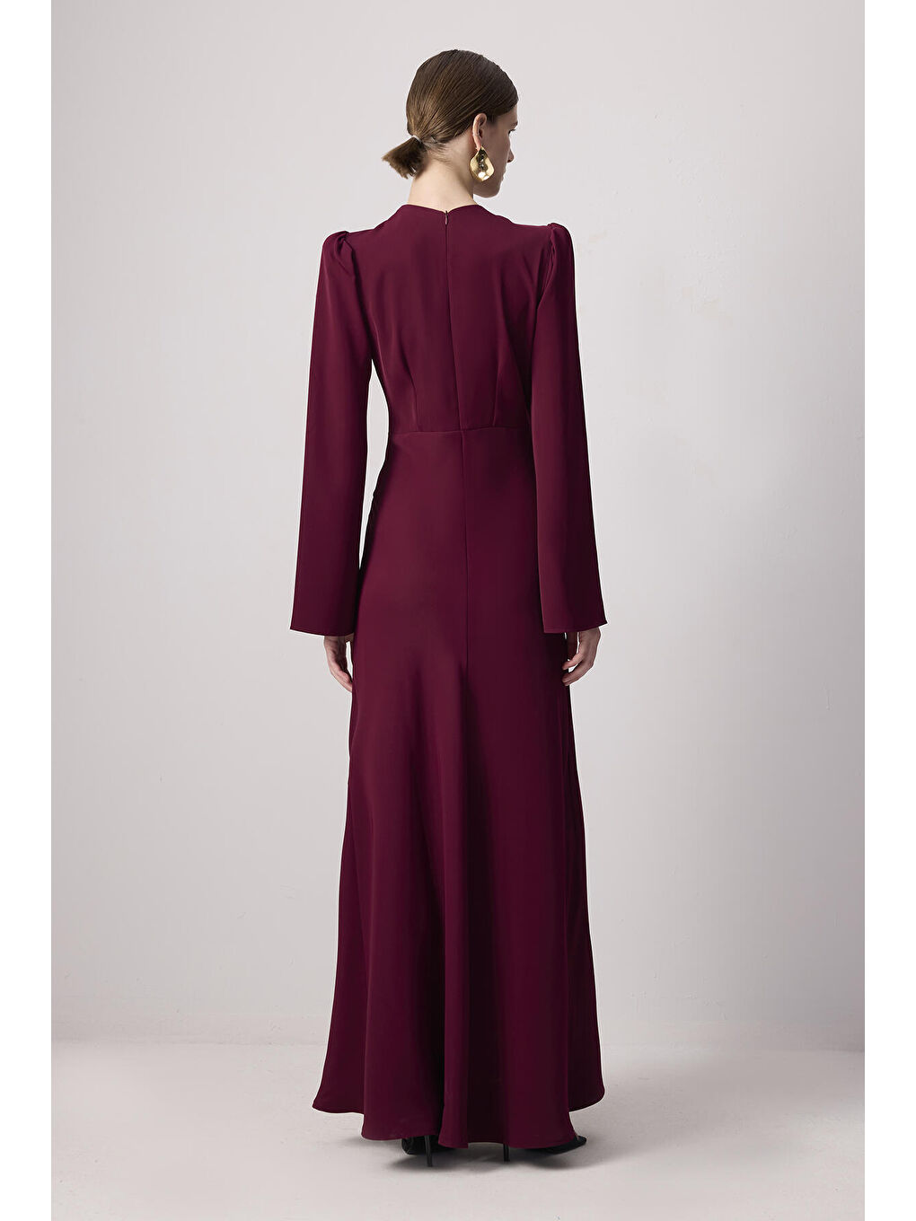 Bordo Düğme Detaylı Elbise-4