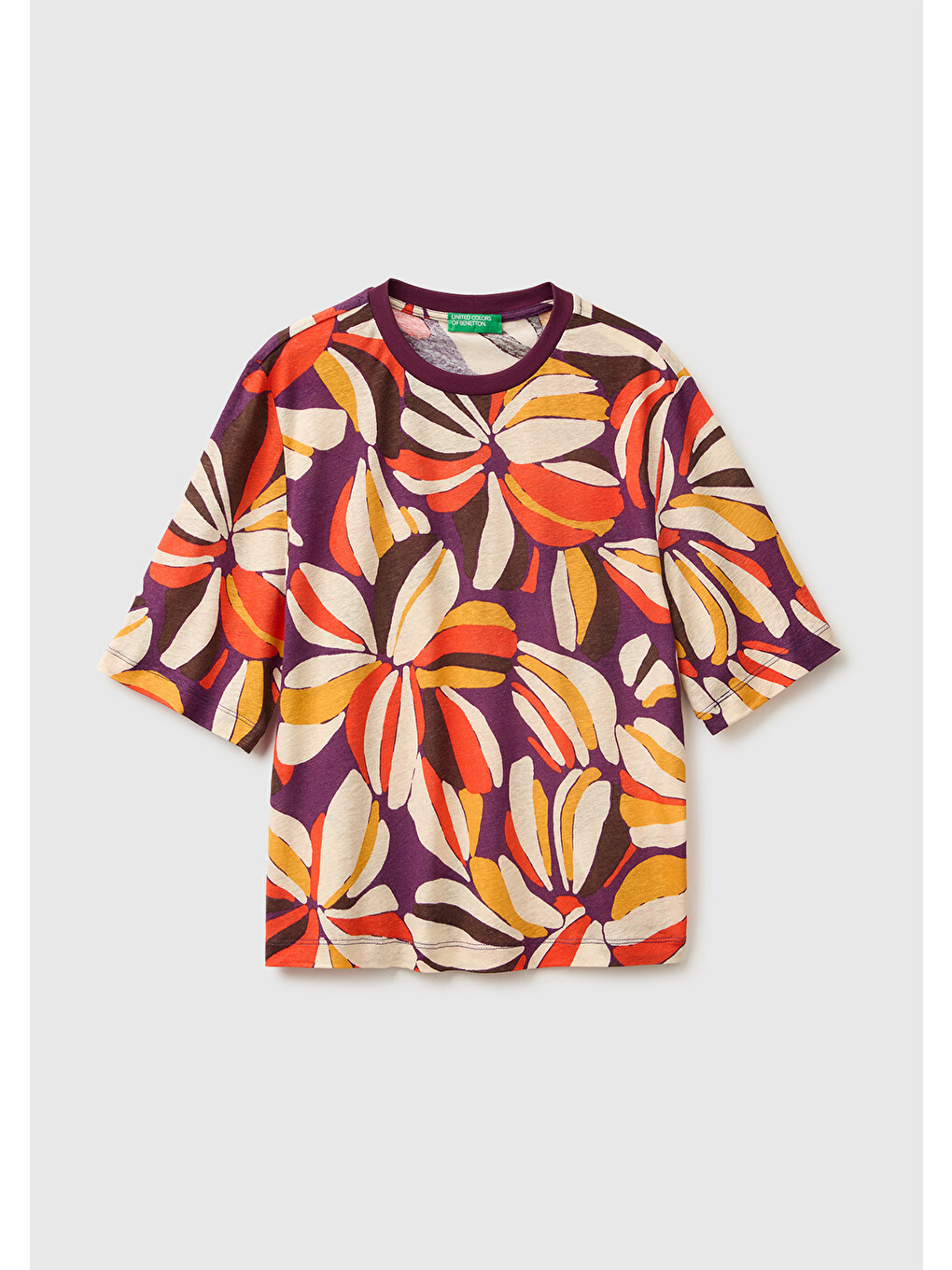 Kadın Mor Mix Keten Viskoz Karışımlı Baskılı Bisiklet Yaka T-Shirt