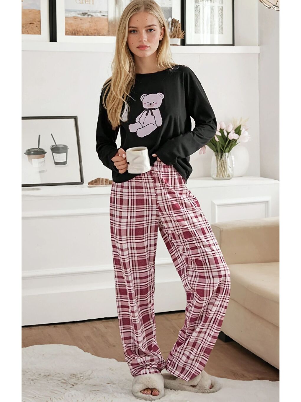 Lacivert Ekose Desen Ayıcık Baskılı Uzun Kol Pijama Takımı