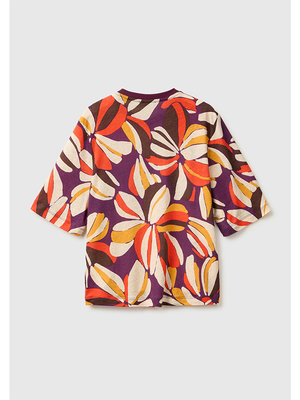 Kadın Mor Mix Keten Viskoz Karışımlı Baskılı Bisiklet Yaka T-Shirt-1