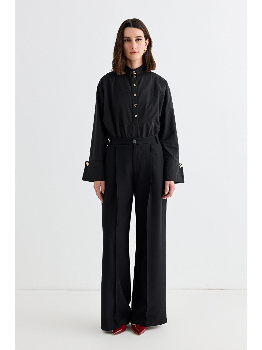 Palazzo Geniş Paça Pantolon Siyah