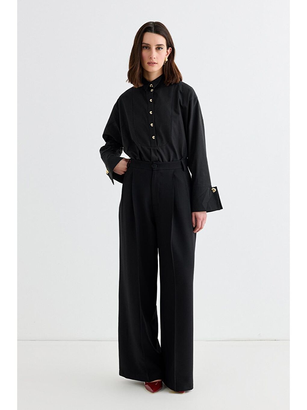 Palazzo Geniş Paça Pantolon Siyah-1