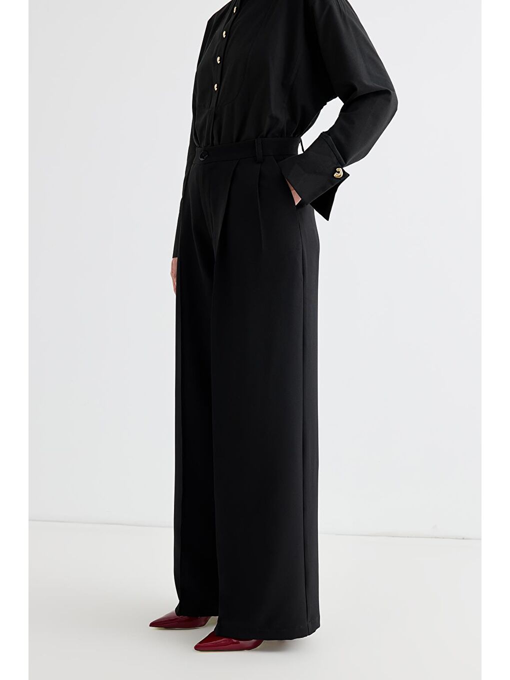 Palazzo Geniş Paça Pantolon Siyah-3