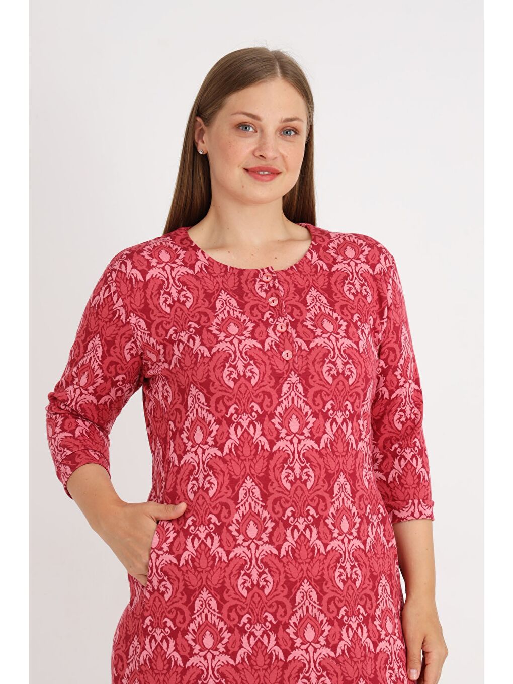 Kırmızı Desenli Truvakar Kollu Cepli Düğmeli Kadın Büyük Beden Jakarlı Elbise-3