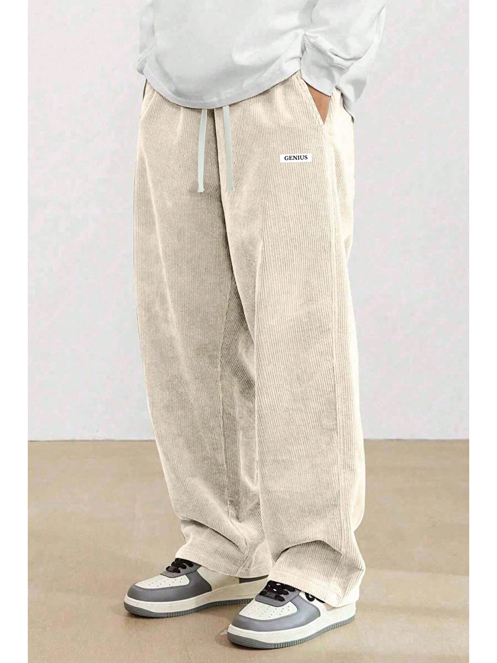 Bej GENIUS Erkek Pantolon Fitilli Kadife Bol Paça Oversize Pantolon