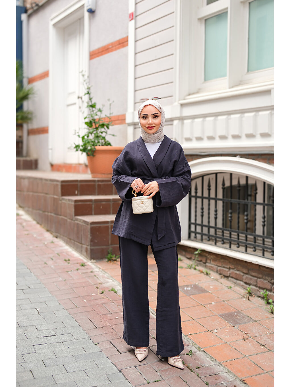 Kadın Bel Bağlamalı Müslin Takım Lacivert-1